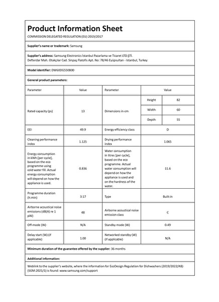 Samsung DW60DG550B00TR 5 Programlı 13 Kişilik Ankastre Bulaşık Makinesi