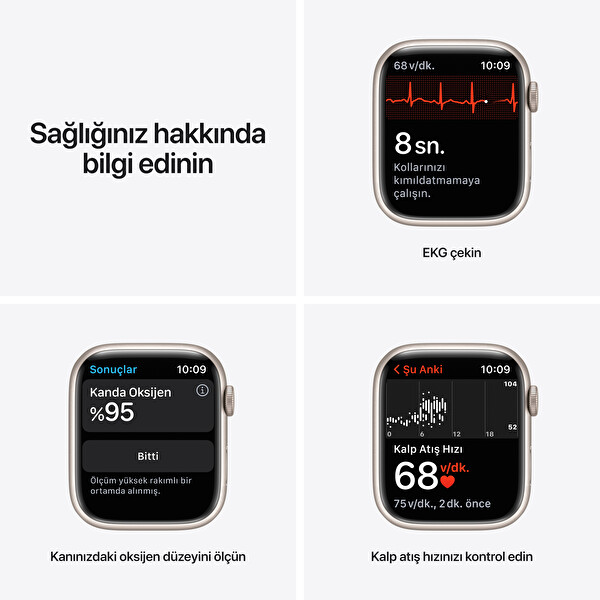 Apple Watch Series 7 GPS 45MM Yıldız Işığı Alüminyum Kasa Yıldız Işığı Spor Kordon